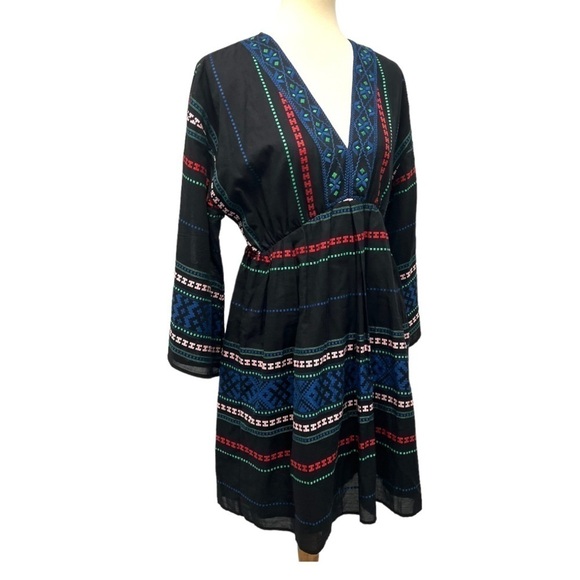 Joie Shada Black Embroidered V Neck Kimono Sleeve Cotton Boho Dress Women Large - Picture 11 of 14